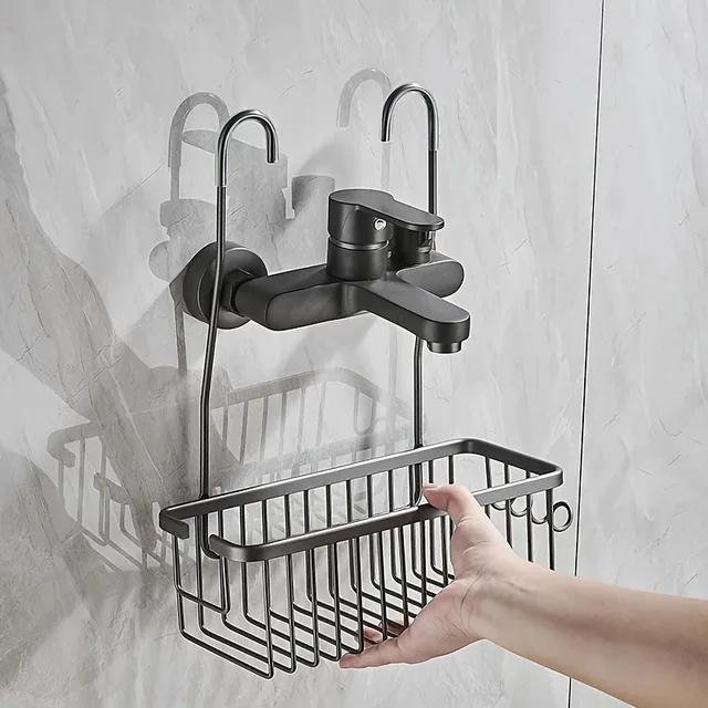 ชั้นวางของในห้องน้ําพร้อมตะขอแขวนตะกร้าที่เก็บของในห้องน้ําไม่จําเป็นต้องเจาะชั้นวางอุปกรณ์เสริมออแกไนเซอร์อุปกรณ์ฮาร์ดแวร์ 1