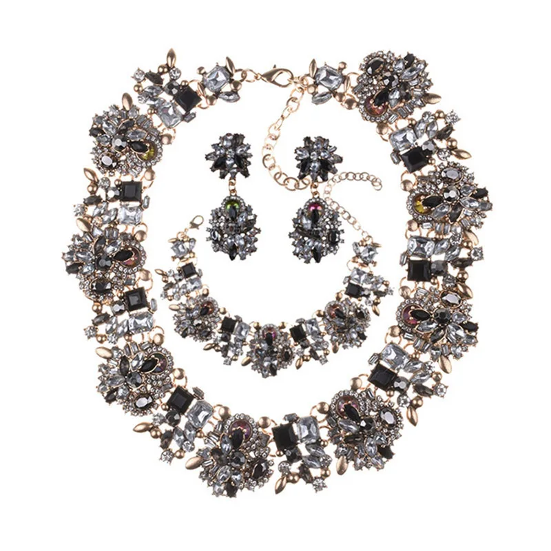 Costume Indian Jewellery Set Women Jewelry Crystal Chunky Rhinestone Statement Necklace and Earrings Bracelet Conjuntos De Joyas