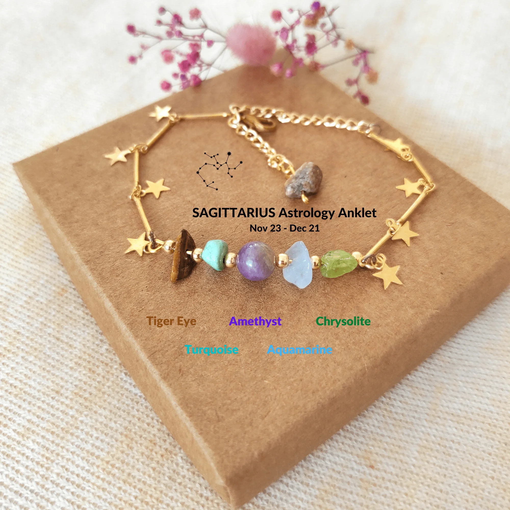 

LightCrop Design Sagittarius Adjustable Natural Stone Gold Anklet fashion zodiac gold plated chain gift for girlfriend