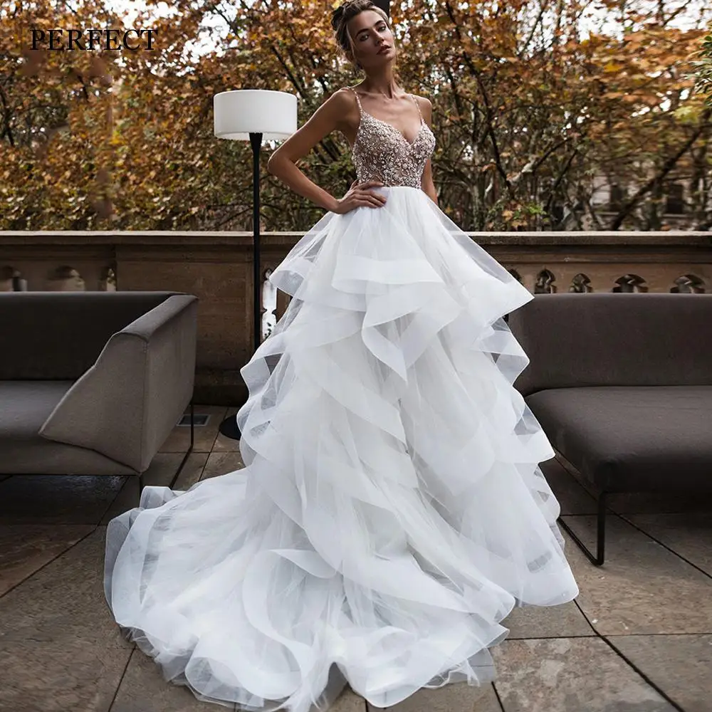 

PERFECT Luxury Spaghetti Straps Wedding Dress V-Neck Beaded Backless Tulle Bridal Gown Court Train Vestido De Novia Custom Made