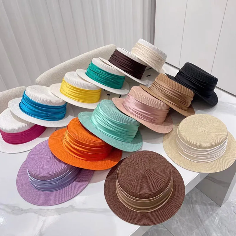 Hand Gewebte Breiten krempe Sommer Sonne Hüte für Frauen Boater Hut Französisch stroh Hut mit Band Band Chapeau Skimmer Sombrero fedoras – Detail 1
