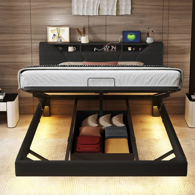 Rosahqnda Letto morbido, Letto portaoggetti con pressione dell'aria, con porte di ricarica LED e USB, Testiera regolabile, Camera da letto, Adulti, Giovani, PU nero 4
