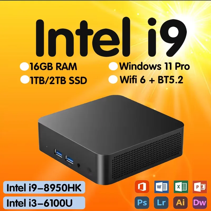 2026 Portable Intel Core i9 8950HK / i3-6100U Mini PC Computer Windows 11 16GB DDR4 RAM 512GB 1TB SSD Gaming Computer WiFi 6 BT5.2 USB3.0 1080P Mini Desktop PC