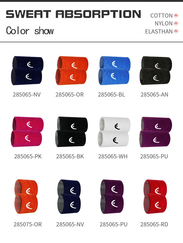 The image displays an assortment of Tennis Wristbands, Badminton Sport Wristbands, known for their comfort and made from absorbent cotton—ideal for tennis enthusiasts. Available in colors such as navy, orange, and pink, each wristband features a crescent logo along with a labeled barcode. The text emphasizes the "Color show" and provides details on the materials used.