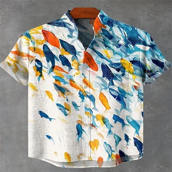 Blue and orange abstract fish print casual linen shirt men's short sleeve stand collar shirt art fish