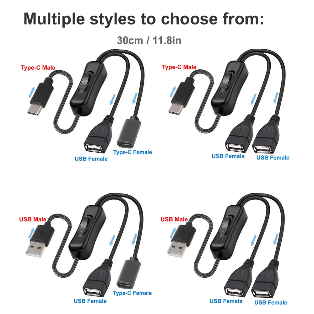 On/Off 스위치가 있는 5V USB 유형 C 연장 케이블 LED 램프/팬/LED 스트립 등을 위한 USB C 남성-여성 분배기 충전 코드