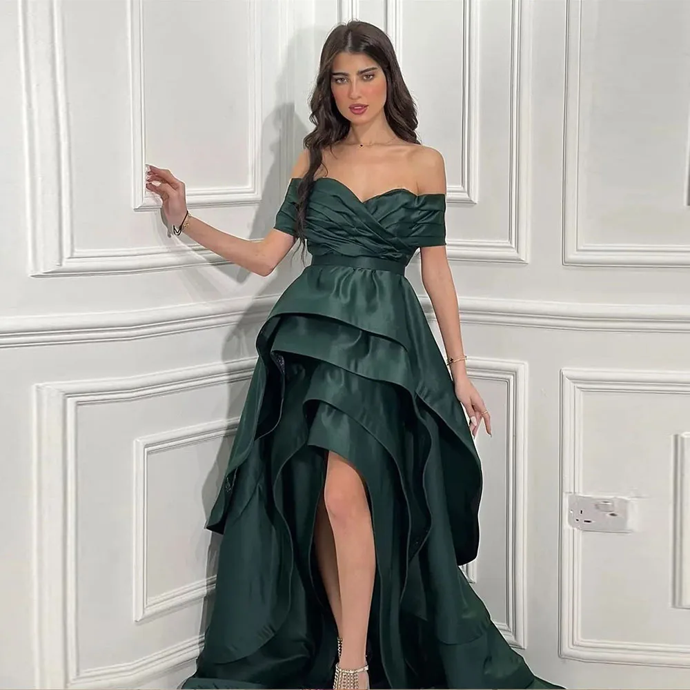 

Hi-Lo Prom Gown Off the Shoulder Tiered Sweep Train Solid Color Backless Elegant Birthday Party Dresses فساتين للحفلات الراقصة