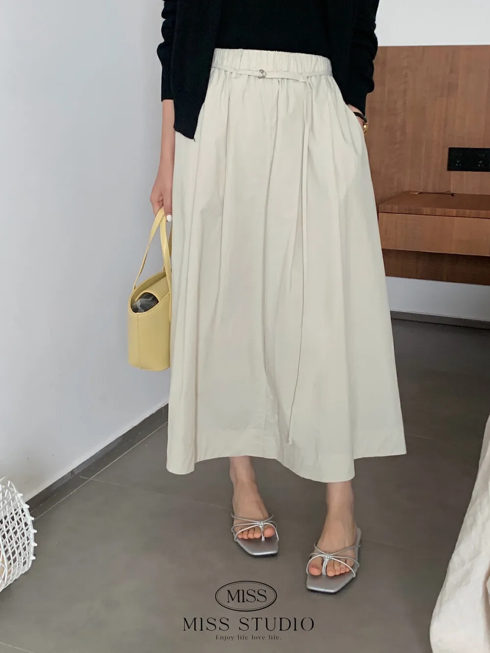 H125 spring new A-line cotton pin chin pleat banding skirt with leare long skirt