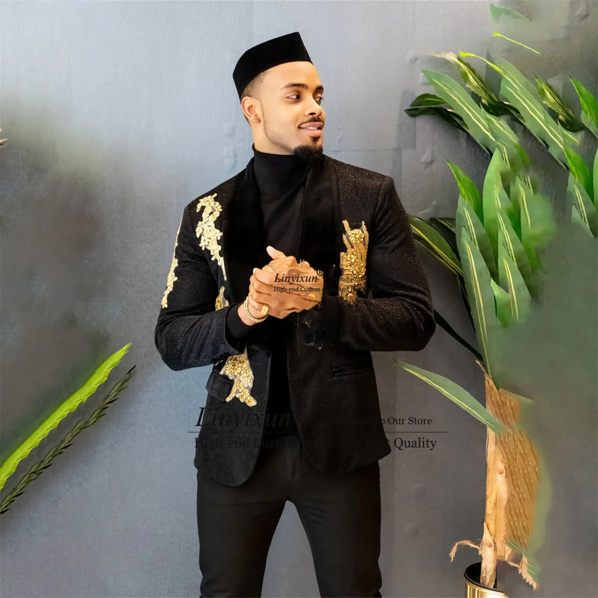 

Золотая аппликация мужской костюм из бисера бархатный с лацканами блестками Свадебный смокинг для жениха деловой мужской костюм из двух предметов мужской костюм