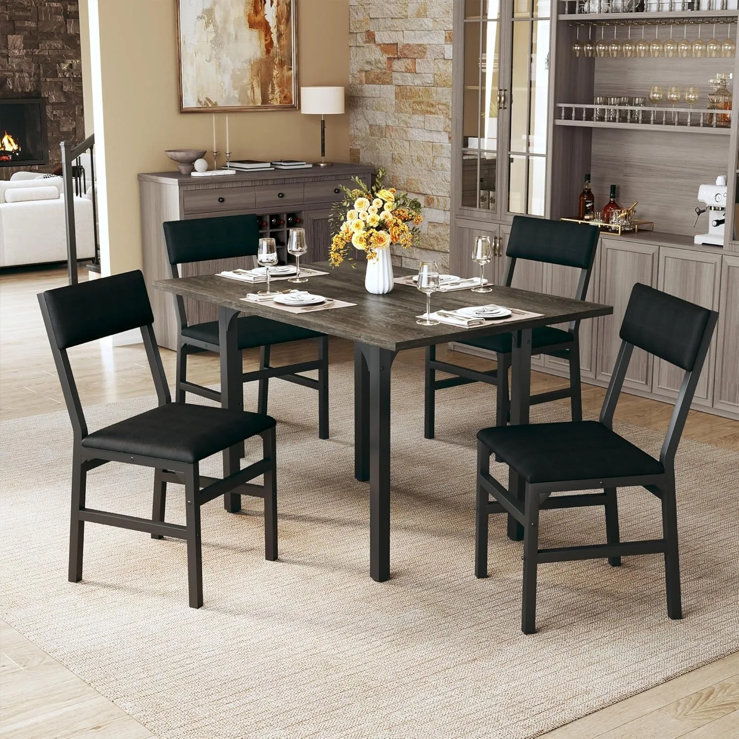 Dining Table Set for 4, Extendable Kitchen Table Cushion Chairs Set of 4, Rectangle Dining Table with Metal Frame & MDF Board, F