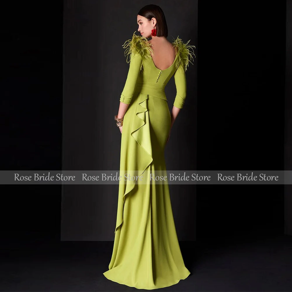 Customized Wedding Guest Dresses for Women Green Feather Ruffles Button Formal Evening Gown Mermaid Deep V Neck Party Dress Long - 2