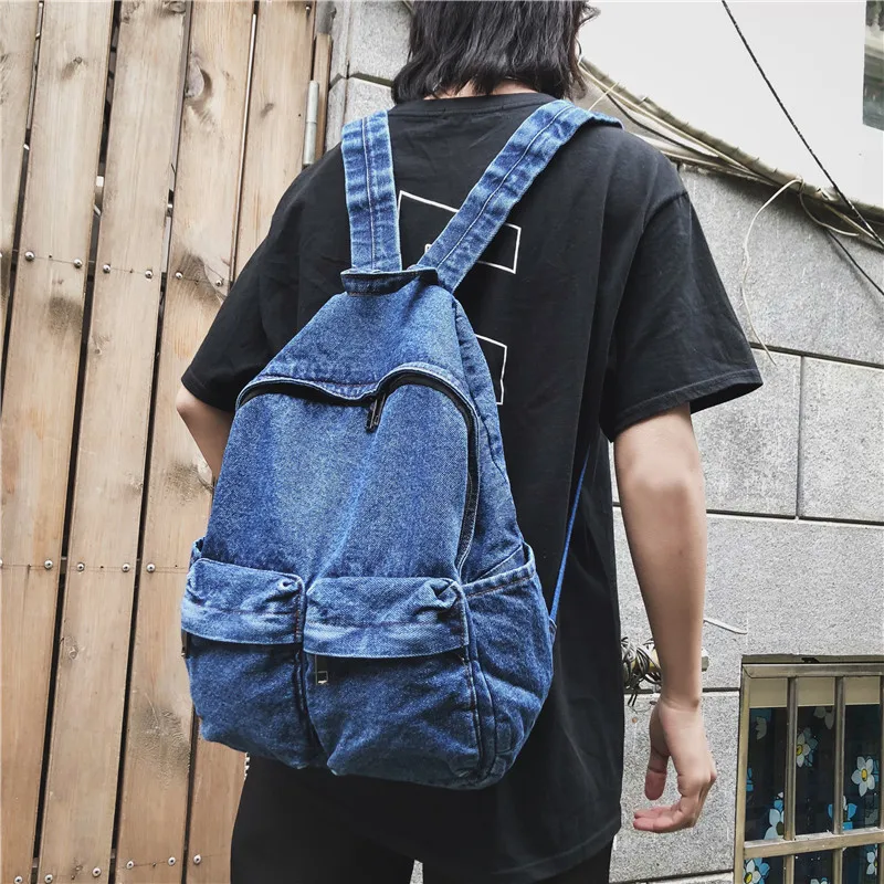 Washed Denim Backpack Women Mens Literature And Art Vintage Jean Backpack Large Capacity Shoulders Bag