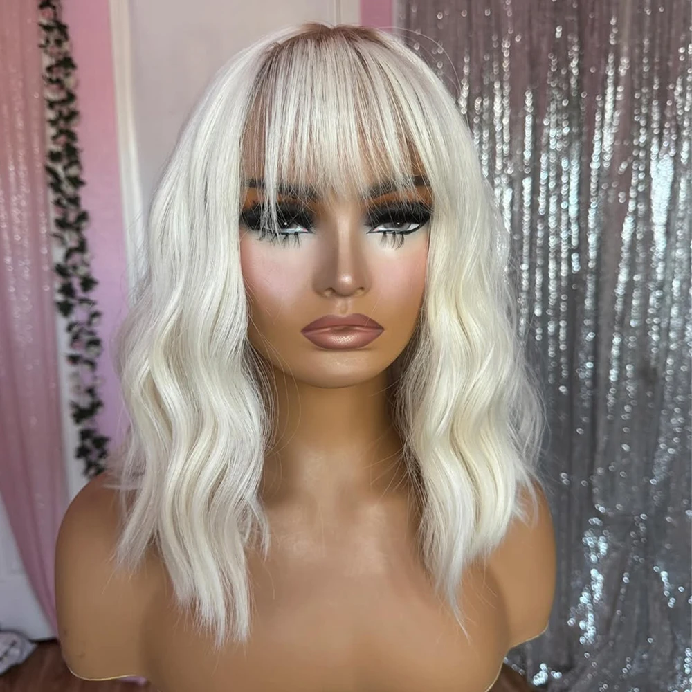 18" Blonde Wig with Full Fringe Bangs Balayage Virgin Human Hair Lace Front Wig 150 Density HD Invisible Lace MultiPart