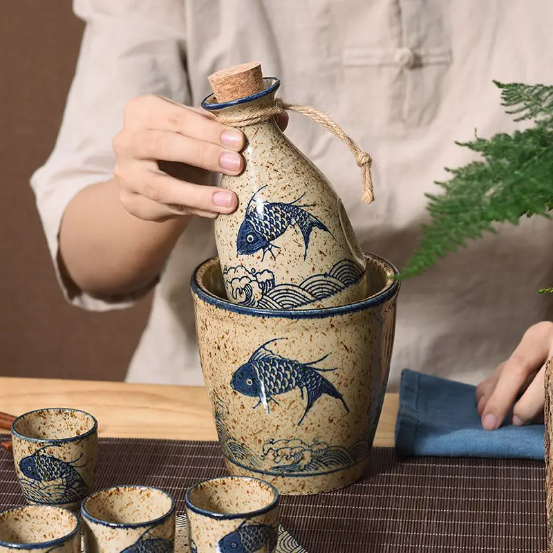 Wine Warmer Japanese Sake Pot Handmade Ceramic Cup Set Antique Wine Dispensing Pot Hot Vintage Baijiu Cup Spirits