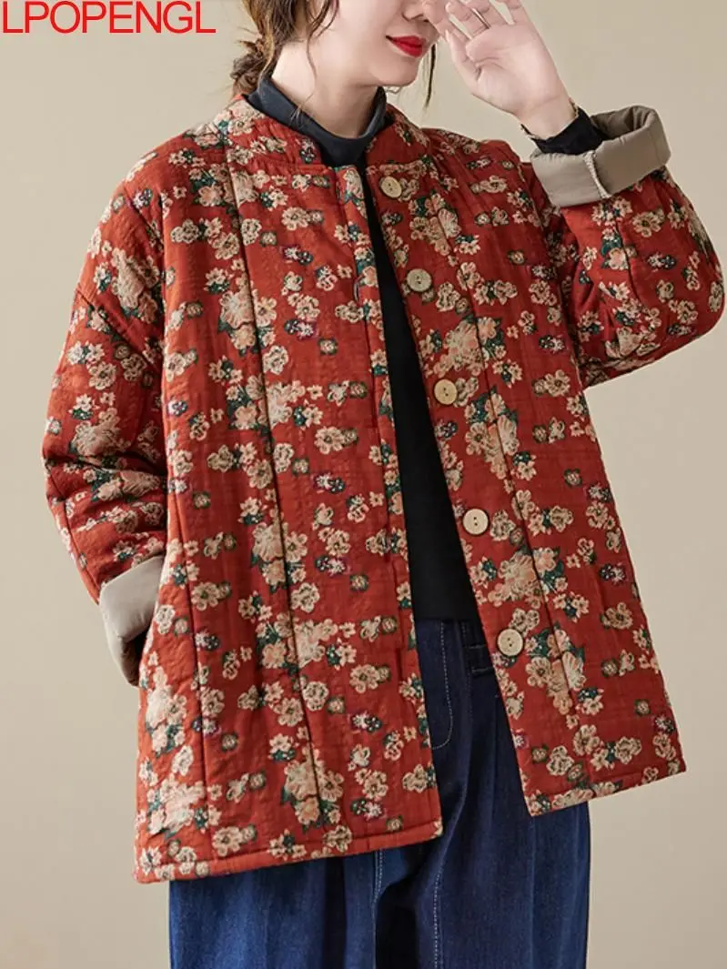 Veste matelassurera en coton fleuri pour femme, col montant, impression optique, simple 
