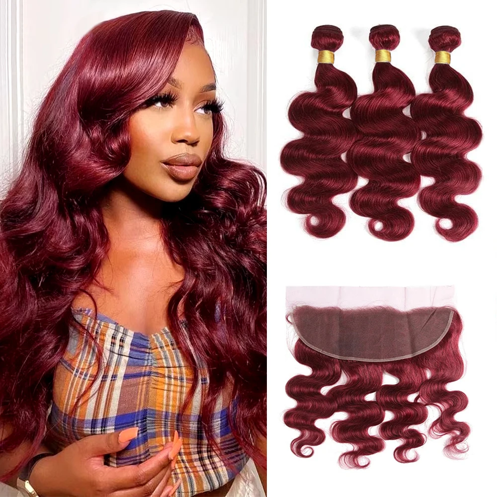 Body Wave Bundles With Closure 99J Human Hair Bundles With Frontal 13x4 Lace Brazilian Burgundy Hair Extensions 3 Deals