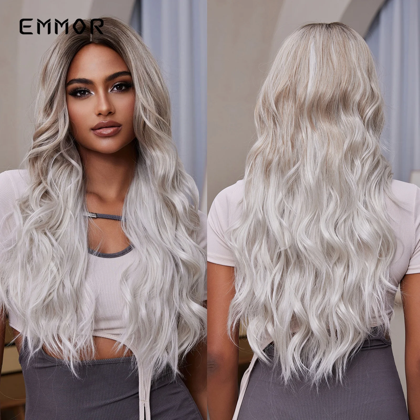 

Blonde Emmor Synthetic Wigs Long Wavy Wig with Bangs Ombre Brown Platinum White Cosplay Lolita Party Natural Heat Resistant