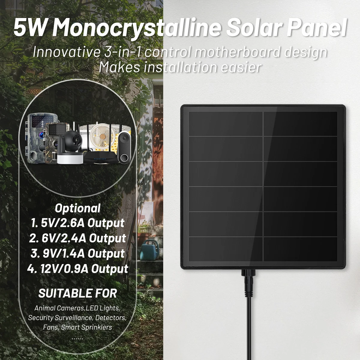 5W Solar Panel for Security Camera Outdoor 5V 6V Solar Panel Charger Built-in 18650 Battery IP66 Waterproof With DC Output Cable