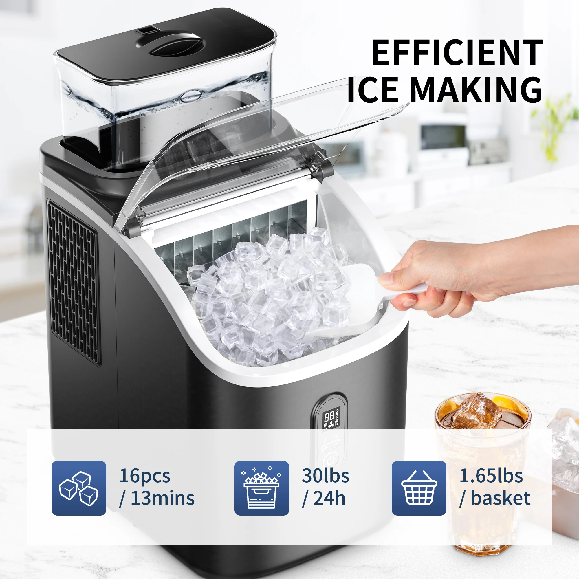 Ice Cube Maker Machine Countertop with External Water Tank, 45Lbs, 16Pcs Ready in 13 Mins,Auto-Cleaning,Black
