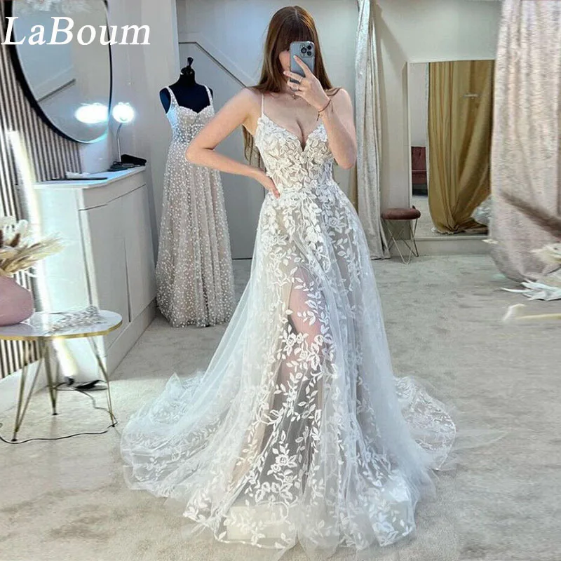 

LaBoum Modern A Line Wedding Dresses For Women 2023 Bride Lace Appliqued Bridal Gown Beach Split Robe De Mariée Sweep Train