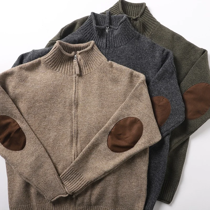 Men's Sweaters Patchwork Patch Cardigan Japanese Stand Collar Zipper Men's Coats Knitwear Winter Wool Soft Comfortable Cardigan