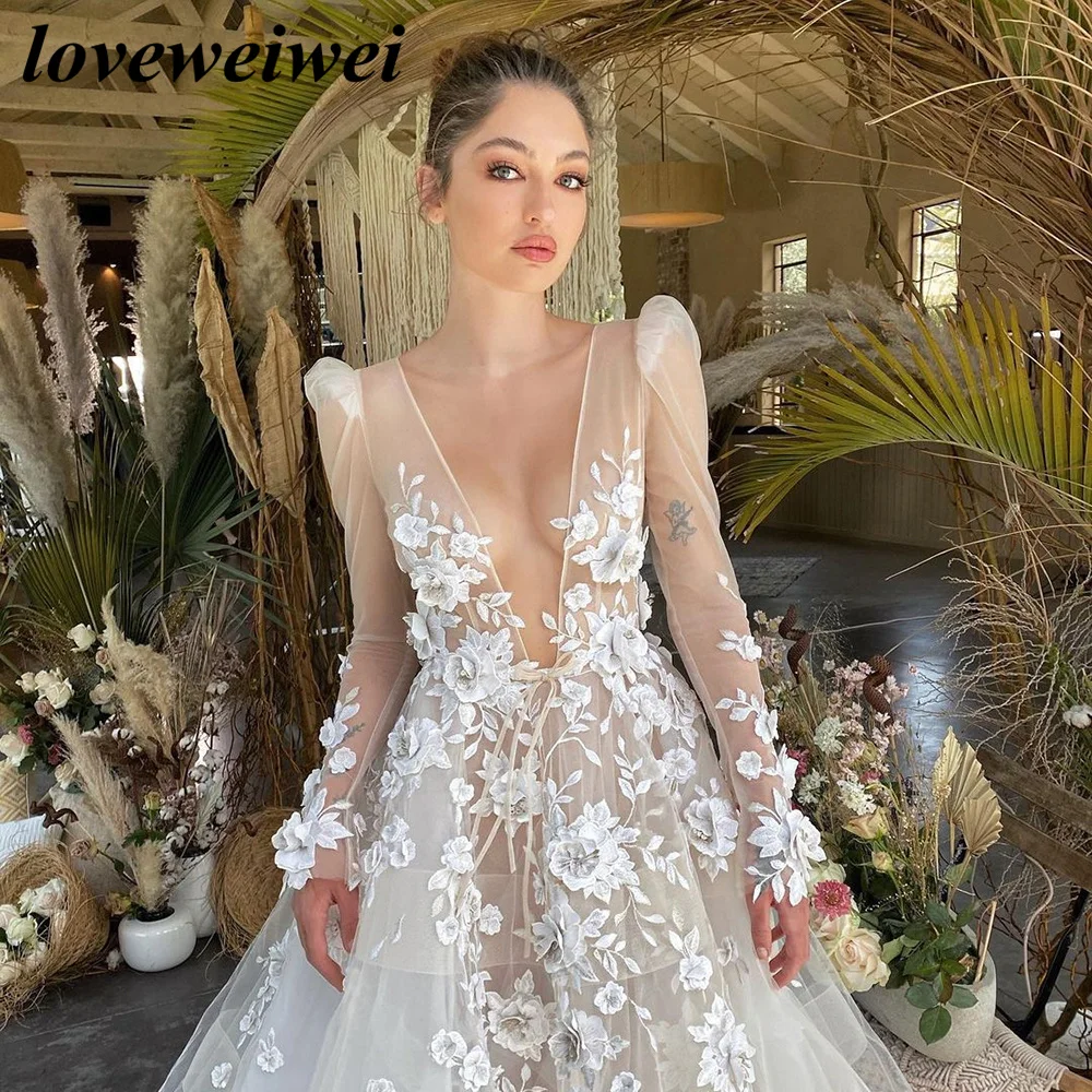 Boho Ivory Appliques Wedding Dresses Lace Appliques Long sleeves V-Neck Bride Dress 3D Flowers A-Line Wedding Gown Plus Size