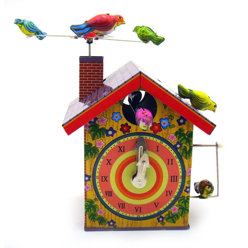 

Retro Wind Up Toy Adult Collection Metal Tin Rotating Bird Alarm Clock Bird House Clockwork Toy Model Figures Gift Vintage Toys