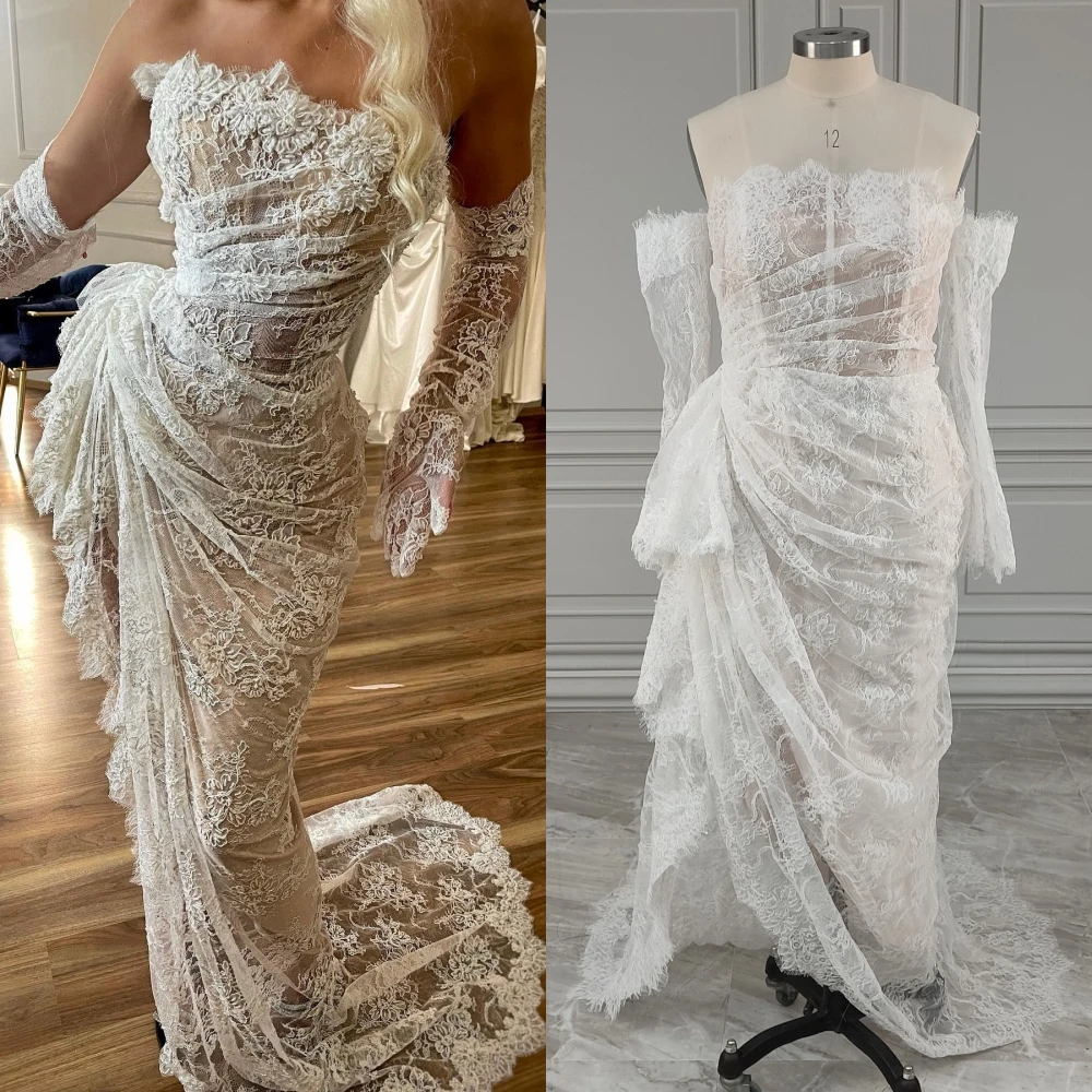 

12578# 100% Real Photos Off Shoulder Pleat Lace Mermaid Wedding Dress Sweep Train Illusion Back Bride Gown For Women