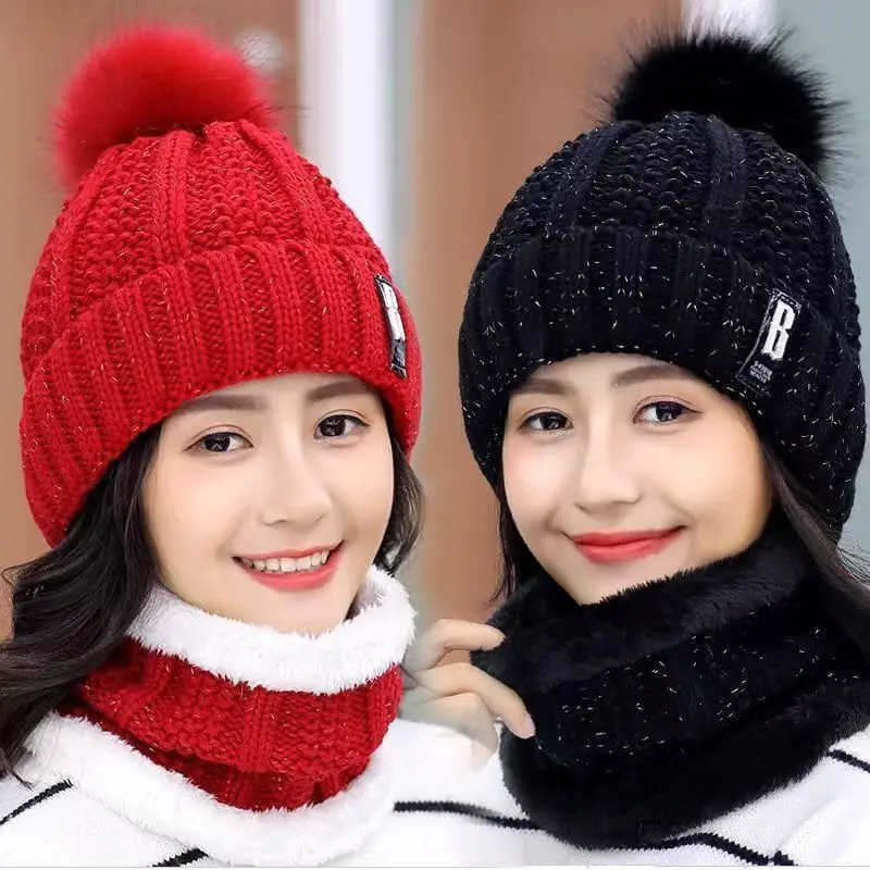 

Winter Knitted Scarf Hat Set Thick Warm Skullies Beanies Hats for Women Solid Outdoor Snow Riding Ski Bonnet Caps Girl