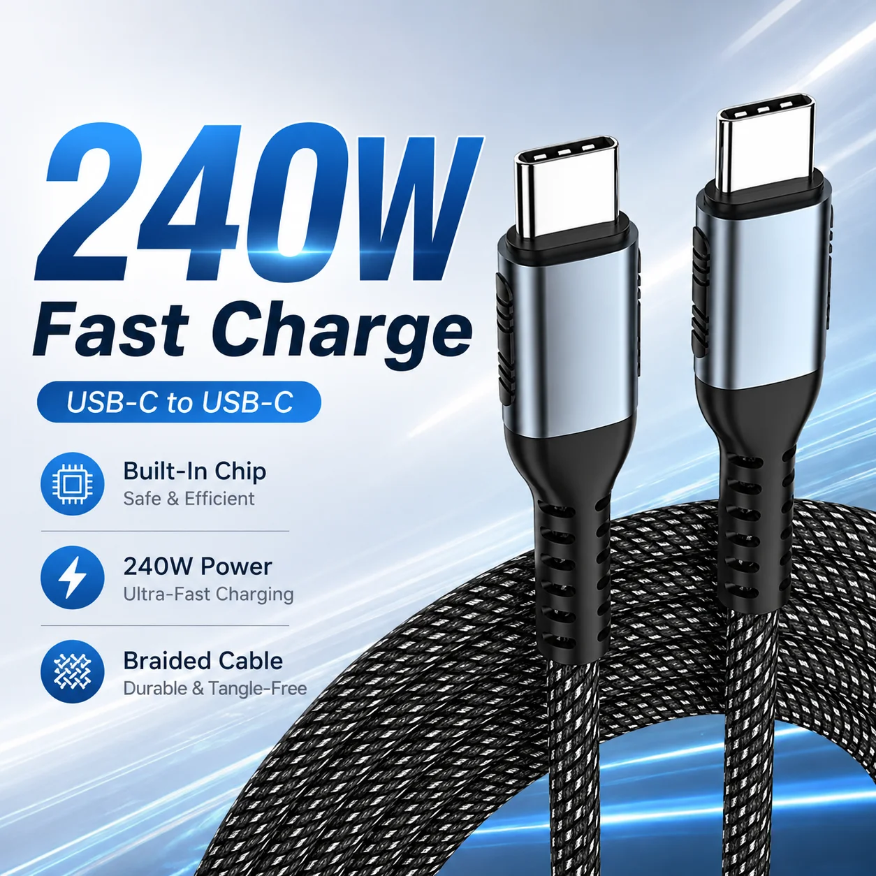 รูปสินค้า สายชาร์จเร็ว USB-C 240W ทนทาน ชิป E-Marker