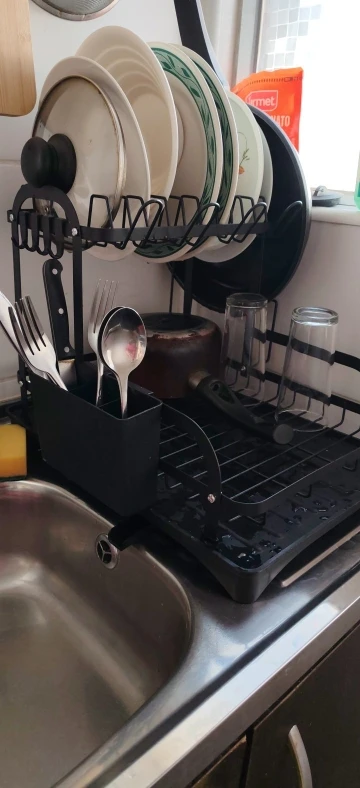 New 360° rotating storage rack double-layer kitchen tableware drying rack with drain tableware storage rack for tableware photo review