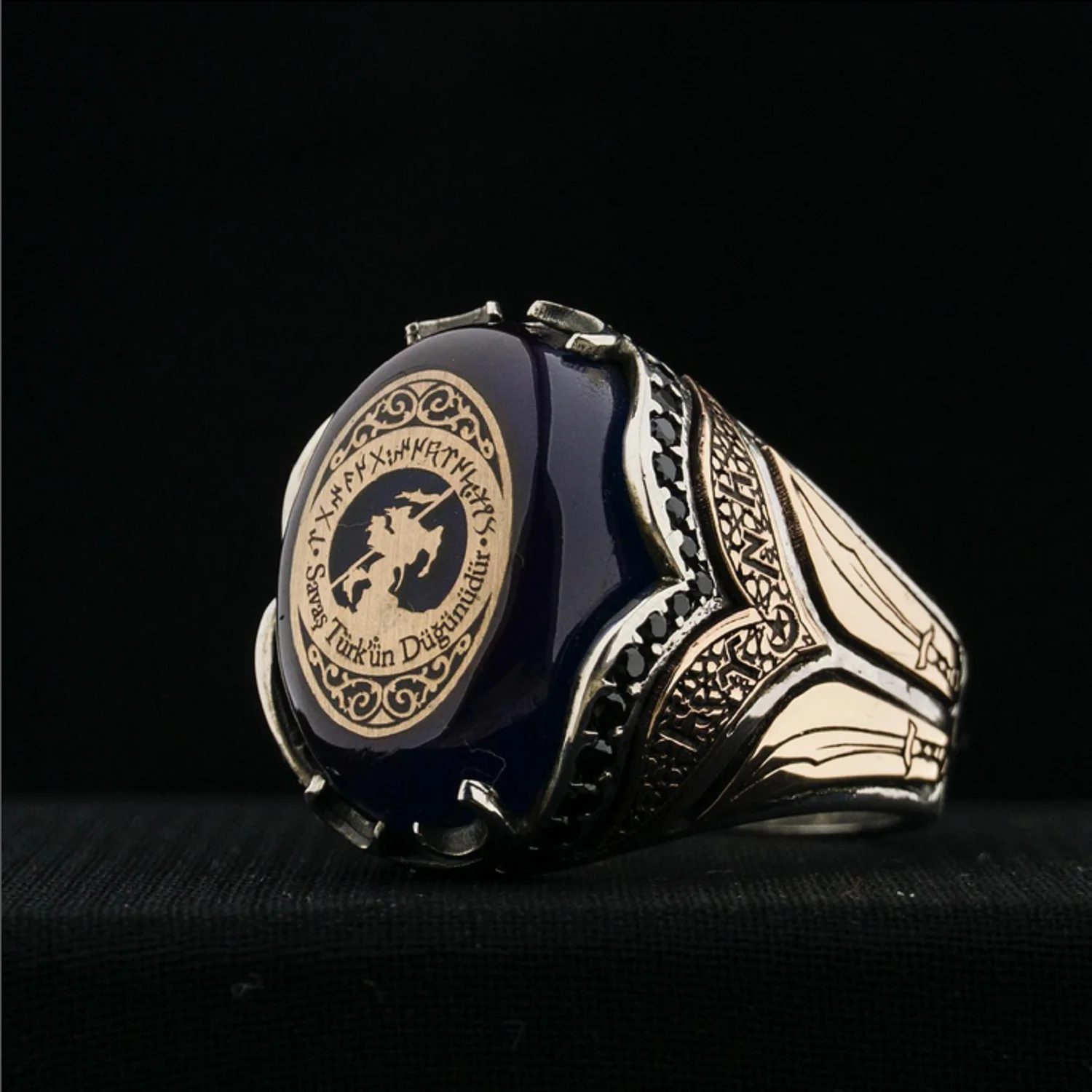 

Blue Amber Stone Mens Ring Written 925 Sterling Silver Turkish Hnadcrafted Jewelry Ottoman Kürşad Male Bands