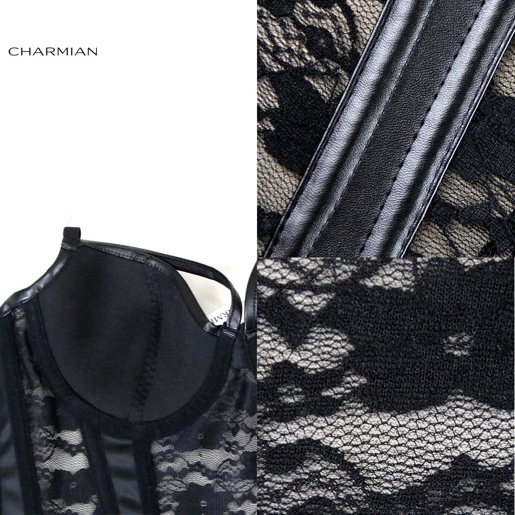 Charmian Sexy Leather Corset Lingerie Women's Steampunk Gothic Floral Lace Straps Plus Size Overbust Corsets Black Bustier Top