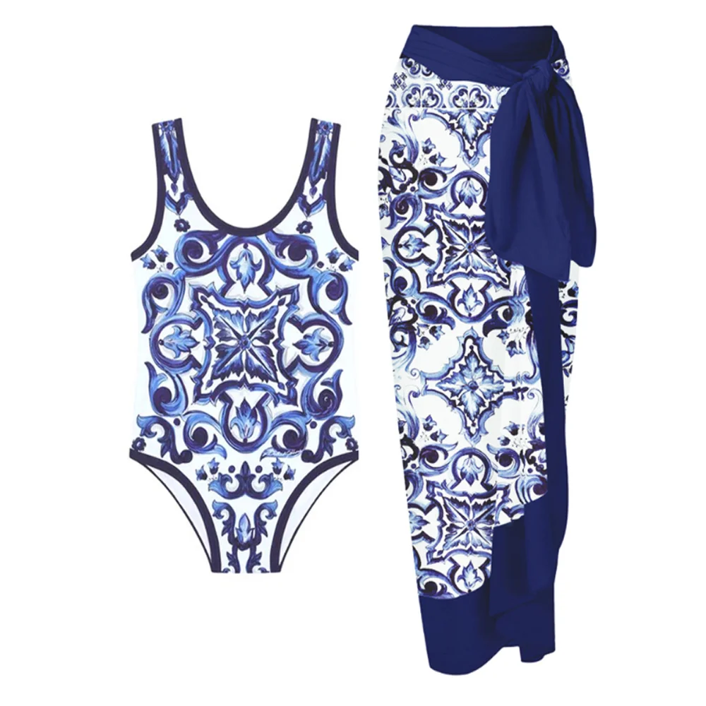 Women One Piece Swimsuit & Skirt Blue Holiday Beachwear Vintage Swimwear Female Retro Designer Bathing Suit Surf Wear Summer for one piece swimsuit
