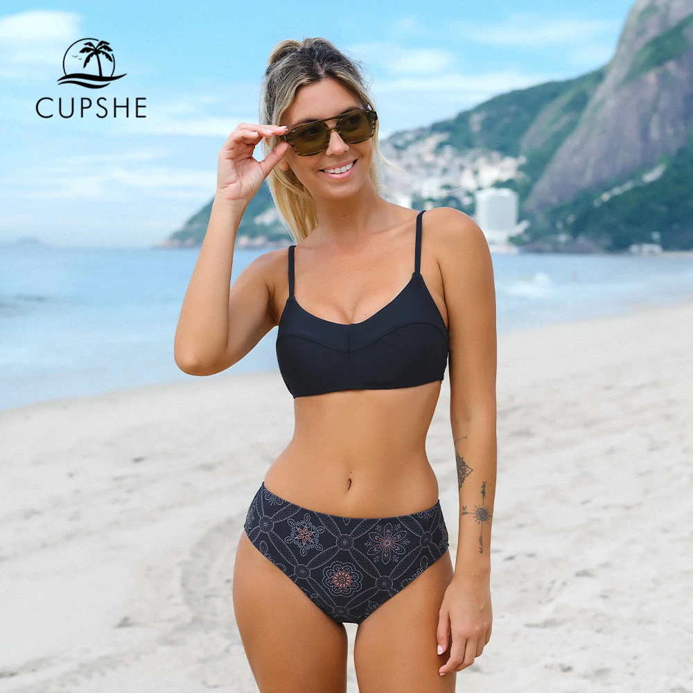 CUPSHE Boho Print Mid Waist Bikini Sets Swimsuit For Women Sexy Back