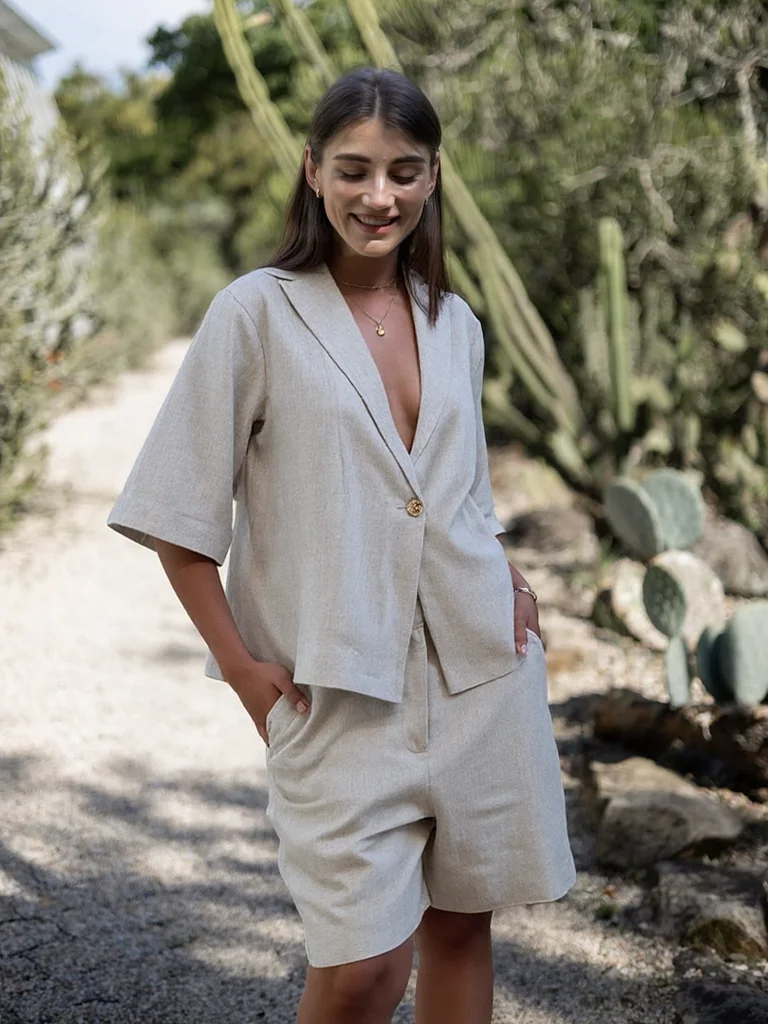 Women's V-Neck Cotton Linen Button Shirt & Shorts Summer Set photo review