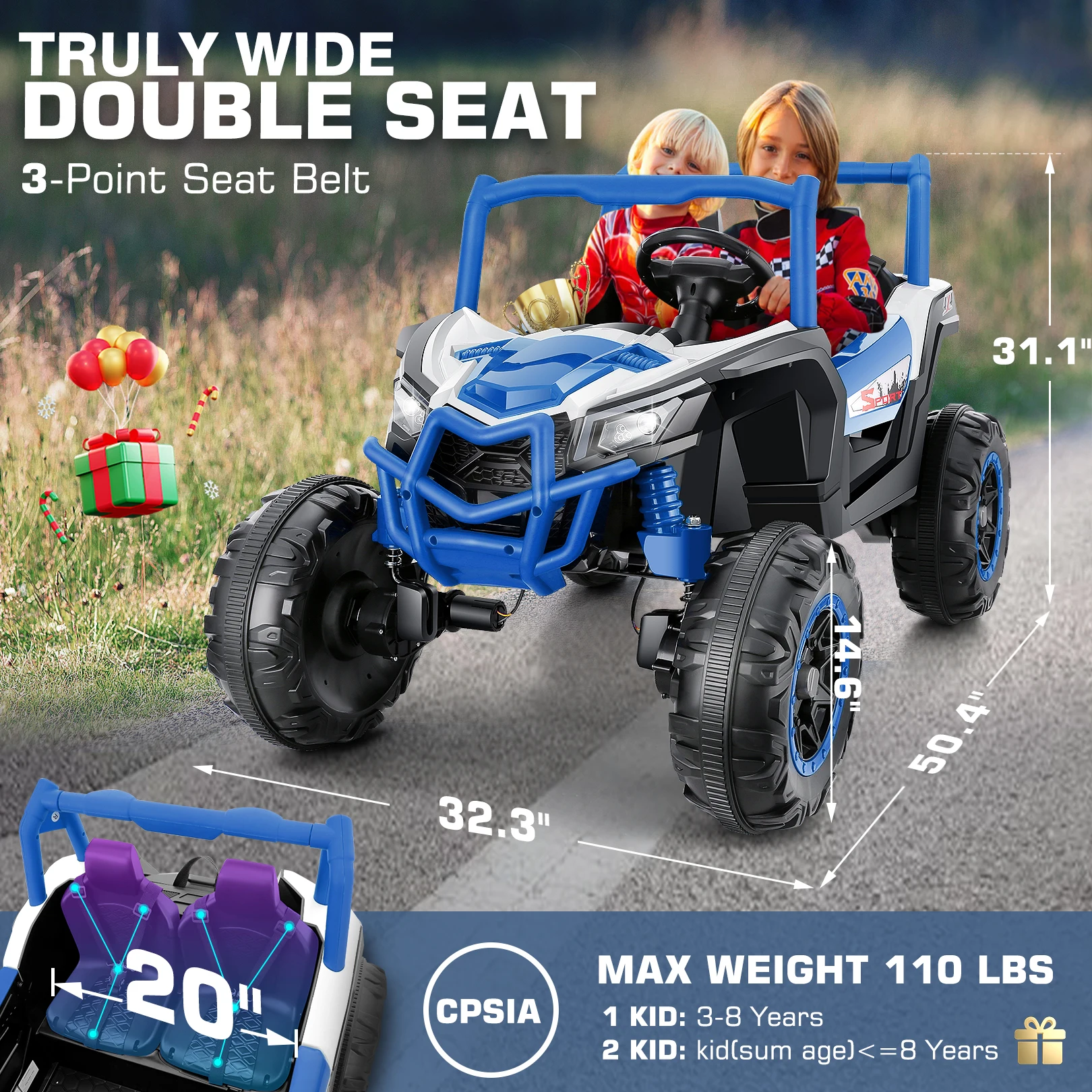 4WD 24V Ride on Toys 2 XL Seater Kids Ride on Cars 4*200W Motor Electric Off-Road UTV 7AH Battery Powered 4-Wheeler Vehicle