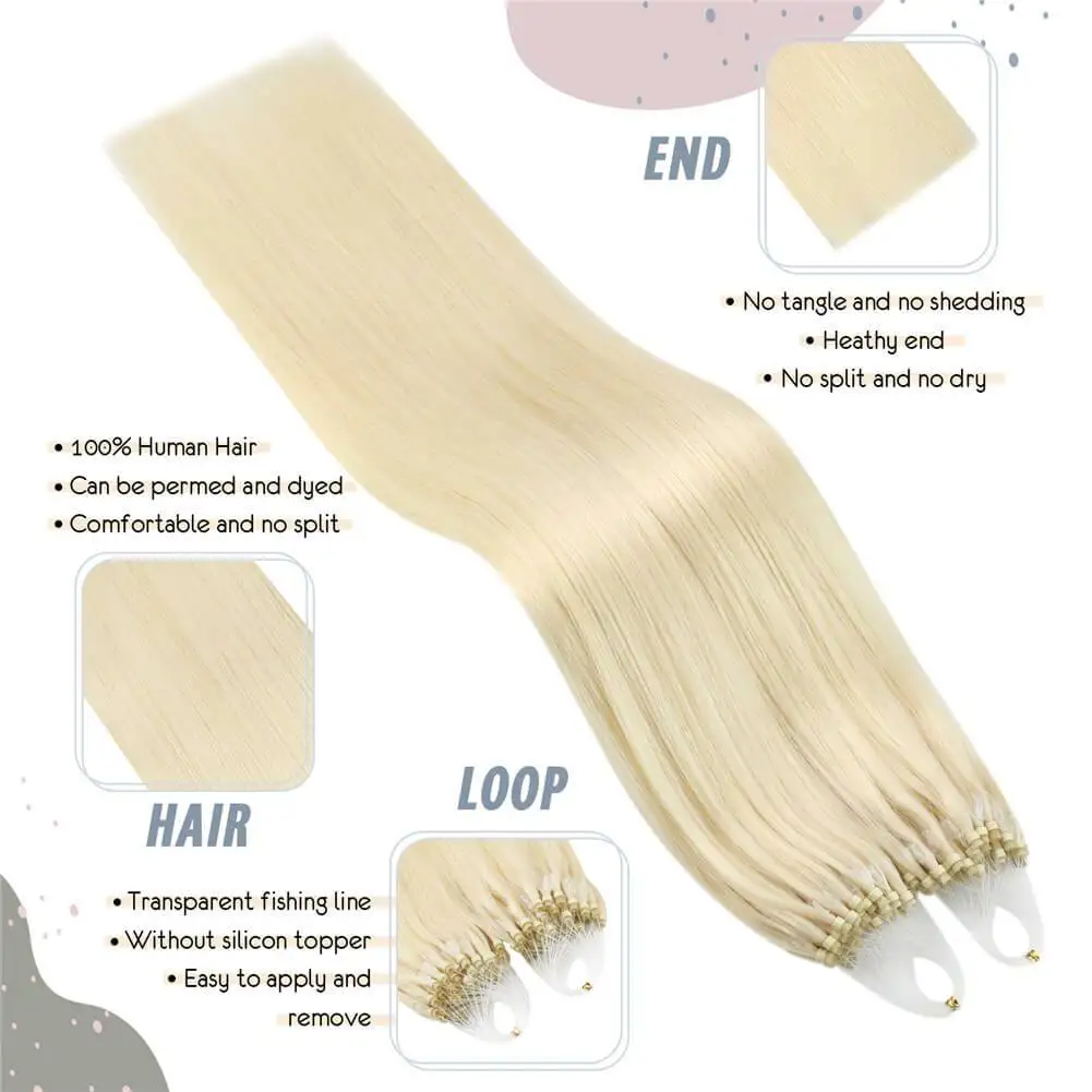 Micro Loop Hair Extensions Human Hair LinksPre Bonded Cold Fusion Tipped Fish Line For Women Straight #613 Blonde 50g/Pack