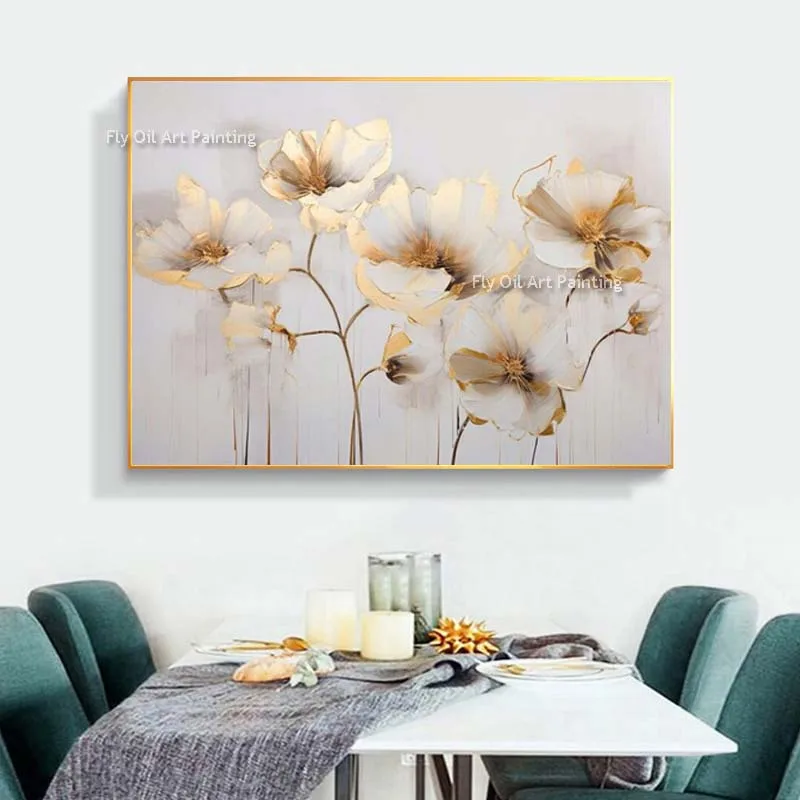

Оригинальная картина маслом на холсте с изображением золотых цветов, большая Настенная картина, абстрактный минималистичный цветочный Рисунок на стену, современный декор на заказ для комнаты