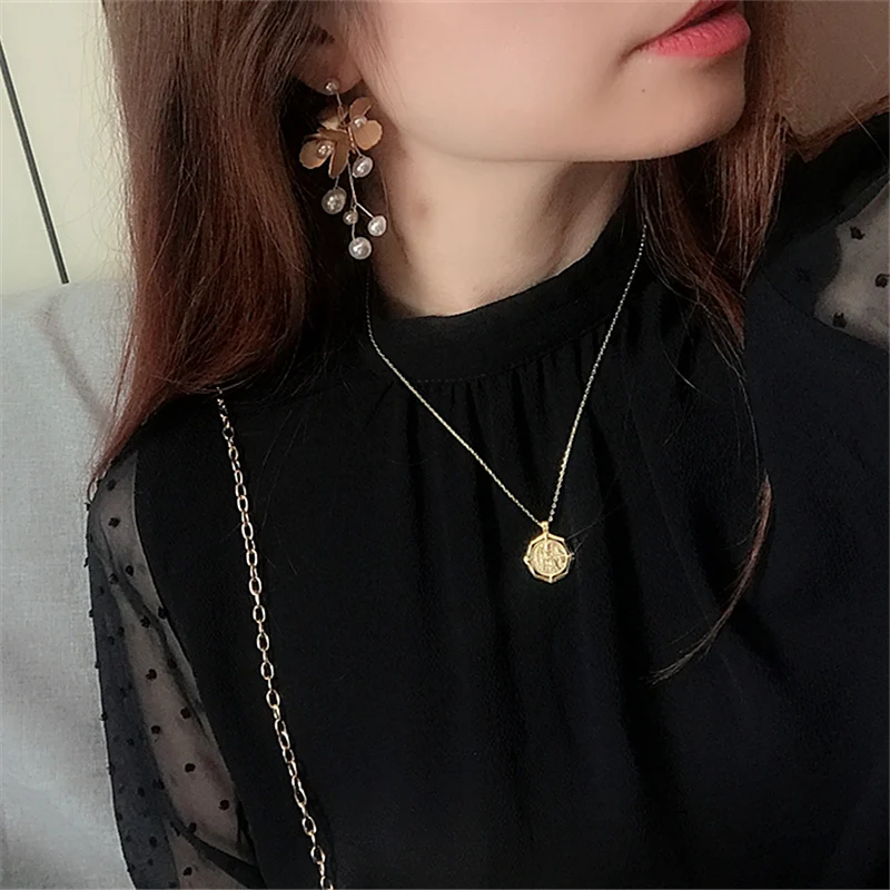 Korean Gold Color Imitation Pearls Leaves Tassel Hook Up Drop Earrings For Women Fashion Jewelry Party drop earrings dangle earrings
