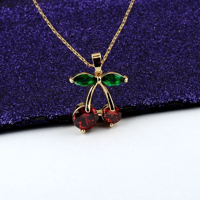 Cherry Pendant Necklace With Red Zircon And Elegant Korean Style_voghion.com