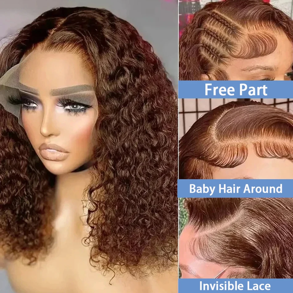 Chocolate Dark Brown Deep Wave 200% Density Short Bob Wigs Human Hair 13x4 Transparent Lace Frontal Wigs Human Hair