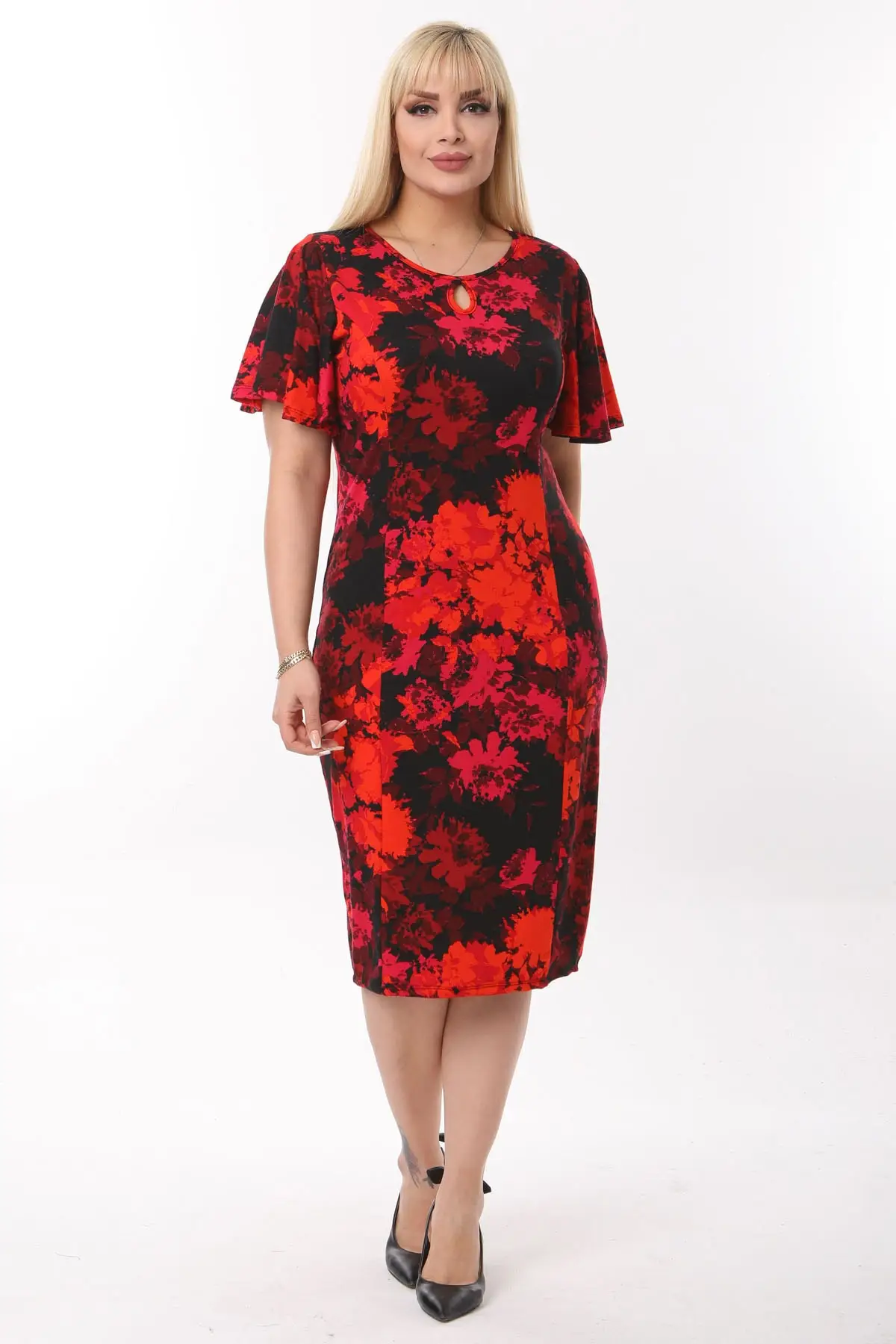 

Large Size Women Red Fuchsia Floral Patterned Butterfly Sleeve With Handle Lycra Viscose Trend Summer Trend XL 2XL 3XL 4XL 5XL