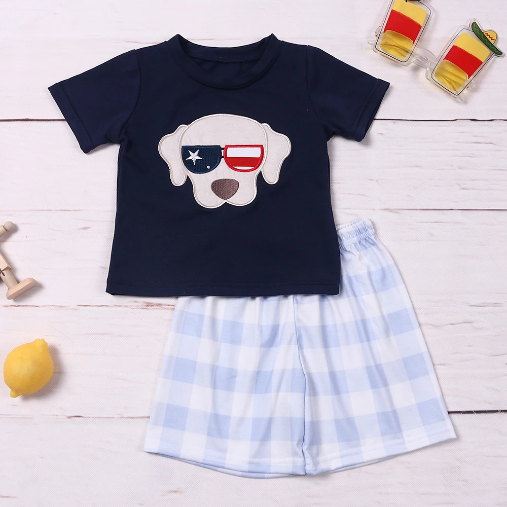 

July 4th 1-8T Outfits Baby Boy Clothes Set Puppy Embroidery Bodysuit Toddler Sleeve Babi T-shirt Bluey Independence Day Shorts