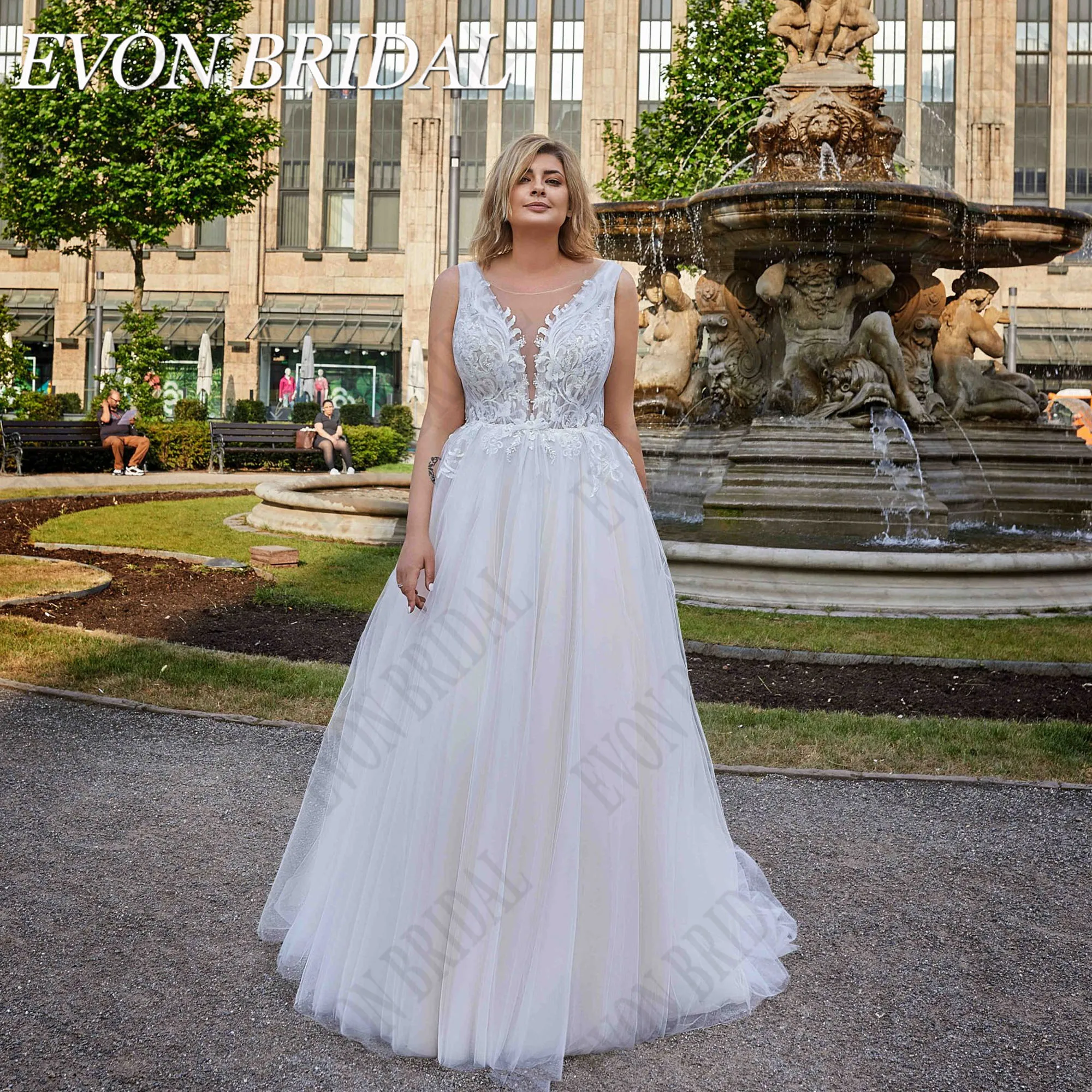 

EVON BRIDAL Large Size Lace Wedding Dresses 2024 Bride Sleeveless Scoop Neck Backless Tulle A-Line Applique Civil Bridal Gowns