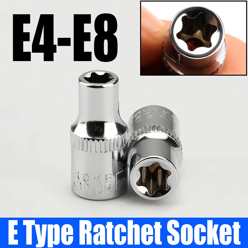 

1PCS 1/4" E Type Ratchet Socket Wrench Head E4-E8 Torque Wrench Torx Star Female Socket Adapter E Socket Driver Joint Hand Tool
