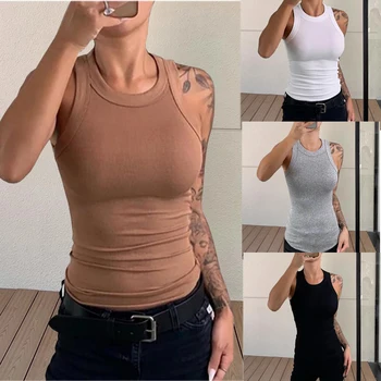 Women Solid O Neck Ribbed Tank Top Summer Basic Elastic Tank Shirts Camisole Chic Fashion Sleeveless Undershirt Pullover Tops 1