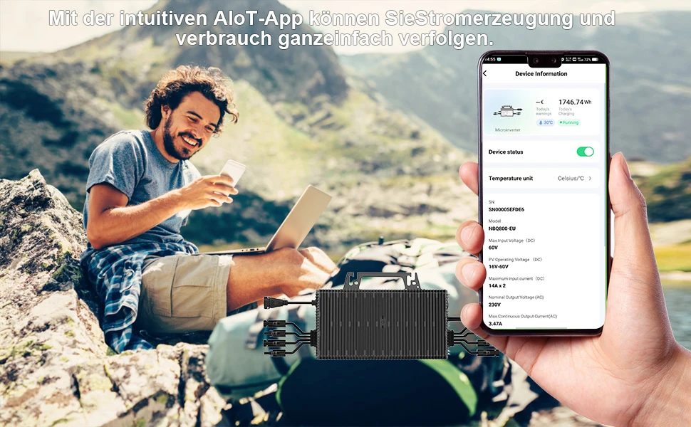 SUKFLOW 2250W Microinverter, Solar Micro Inverter with WLAN and Bluetooth, IP67 Waterproof, with 5m AC Cable for Balcony Power P