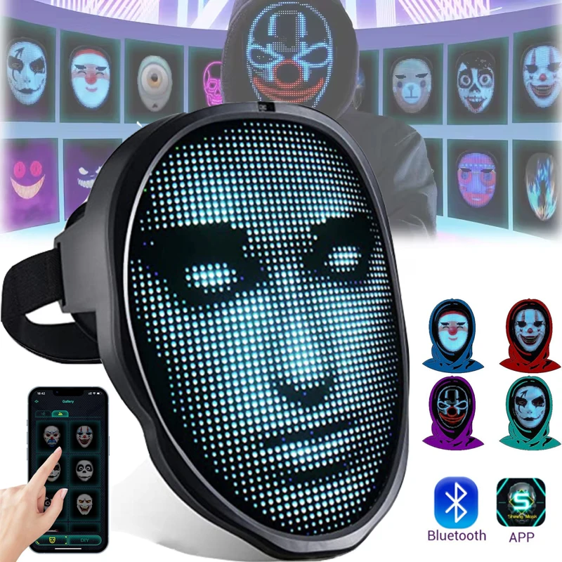 TrendyNow365 Maschera LED Ricaricabile Per Halloween, Con Bluetooth, Programmabile Con Applicazione Shining Mask, Per Cosplay, Feste, Natale, Nero, Taglia Unica - Foto 5