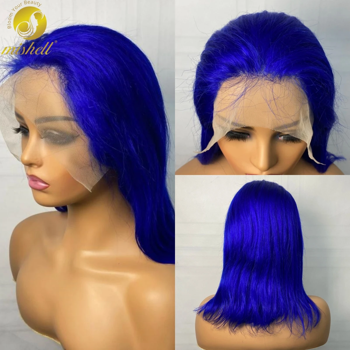 

Bob Human Hair Wigs 180% Density 13x4 Transparent Lace Frontal Straigt Short Wigs for Women Brazilan PrePlucked Remy Blue Hair